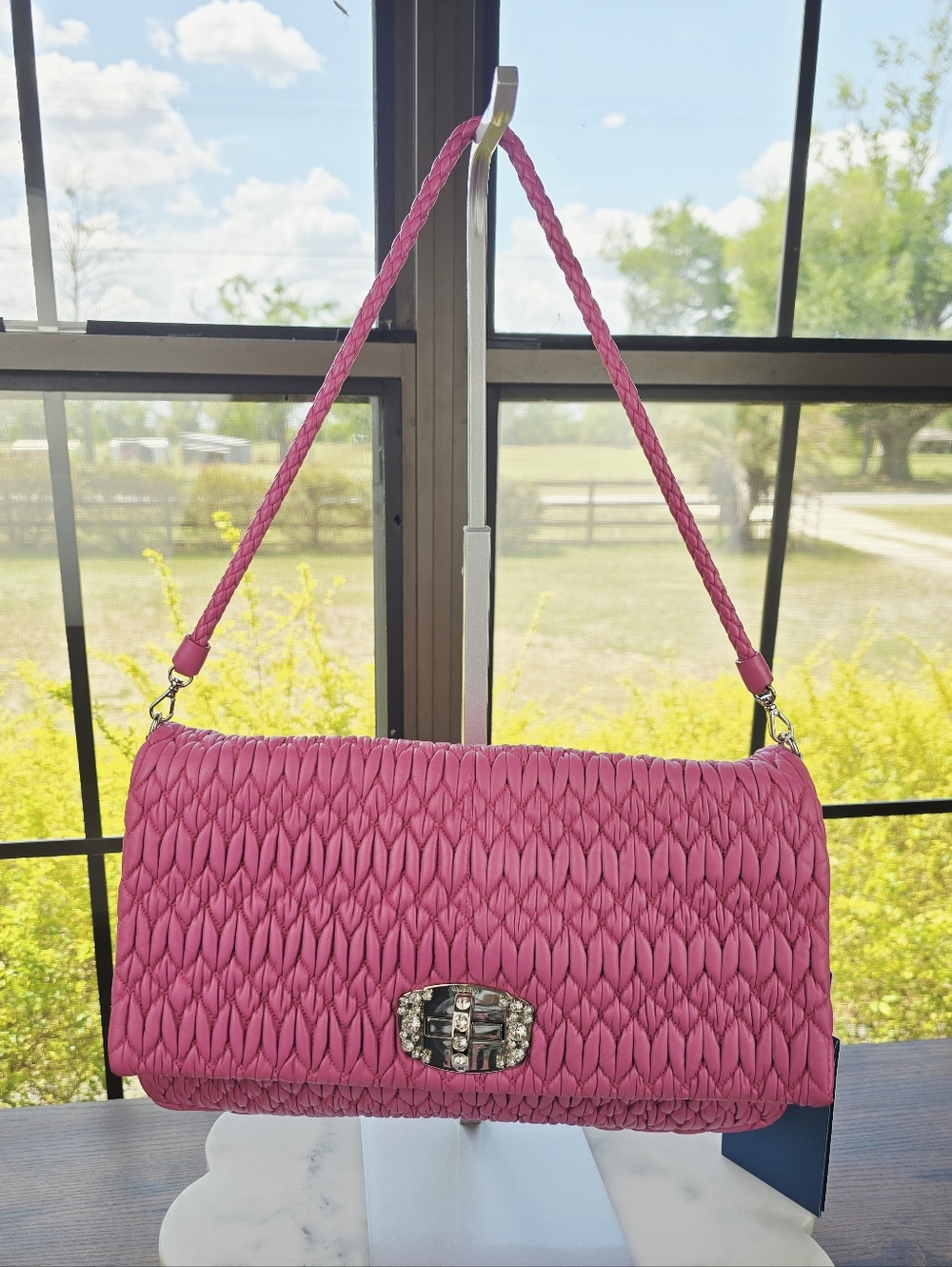 Miu Miu Matelassé Pink Nappa Leather Jeweled Chain Shoulder Bag